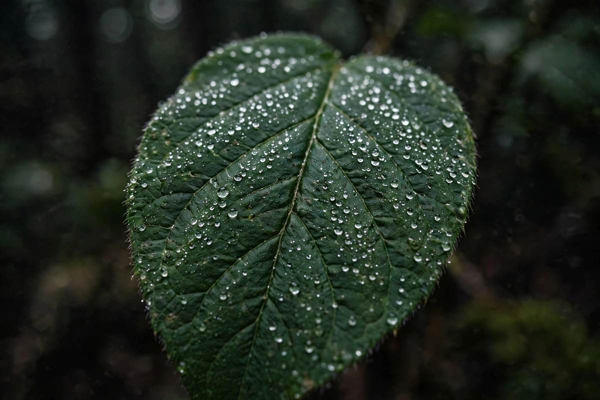 A single green leaf covered in morning dew